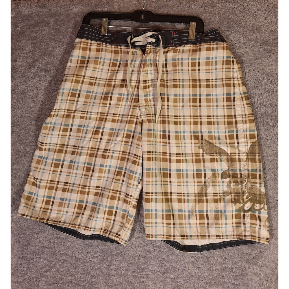 American Eagle Plaid Board Shorts Mens 33 Tan Blue Brown Plaid "Live Your Life"